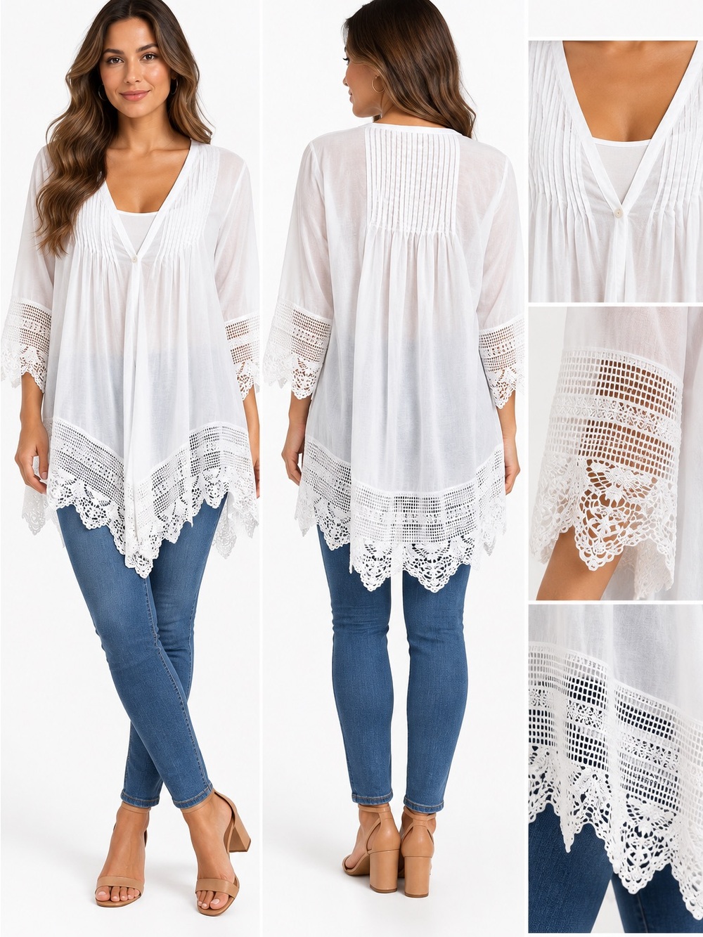 CAbi asymetrical White Crochet-Trim V-Neck Kimono/cardigan XL
